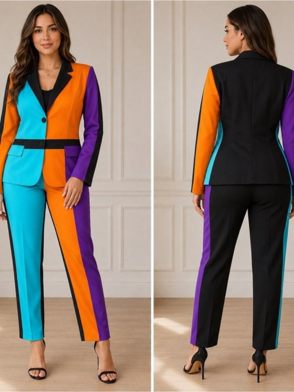 Ashley Stewart Colorblock Pant Suit Set Blazer 16 Pants 14 80s  Retro Statement